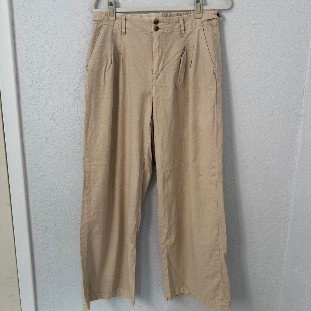 American Eagle WomenTan Linen Blend Pleated Wide Leg Stretch Pants Size 8